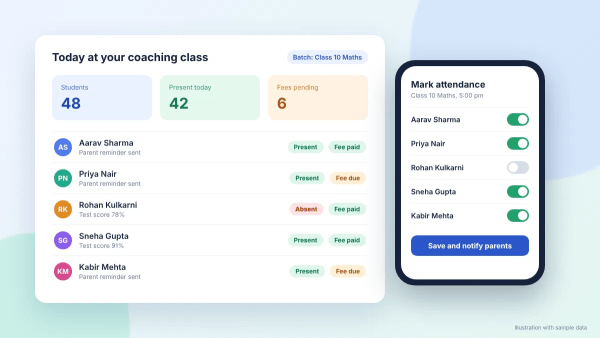 Free coaching management app dashboard showing student attendance and fee dues