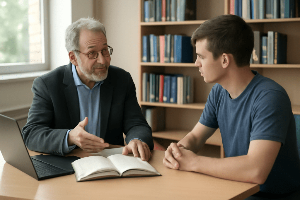 A mentor engaging in conversation with a student at coaching institute