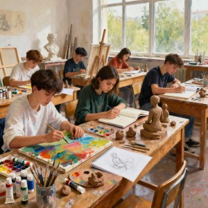 Students engaged in art class activities, and teacher managing using coaching management software 