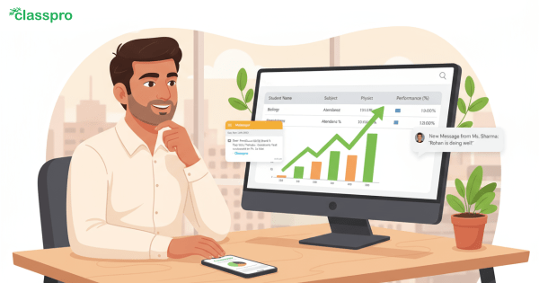 A man sitting at a desk with a computer displaying student performance graphs and updates, symbolizing effective communication in coaching institutes in India