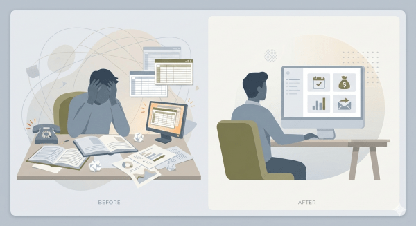 A split image showing two contrasting scenes of a coaching institute's management experience: on the left, a stressed person overwhelmed with paperwork, charts, and a ringing phone labeled 'Before'; on the right, a relaxed individual using a coaching management software