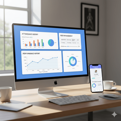 Screen showcasing coaching management software with mobile app