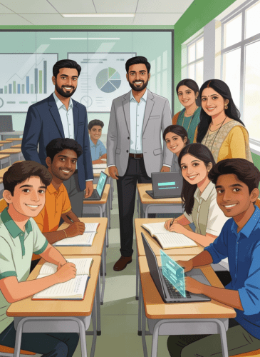 A group of teachers and students posing in a coaching institute classroom setting, equipped with laptops and notebooks, surrounded by educational charts on the wall.