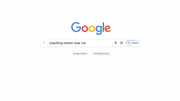 Google search interface displaying the search query 'coaching centre near me' with options for voice search and search