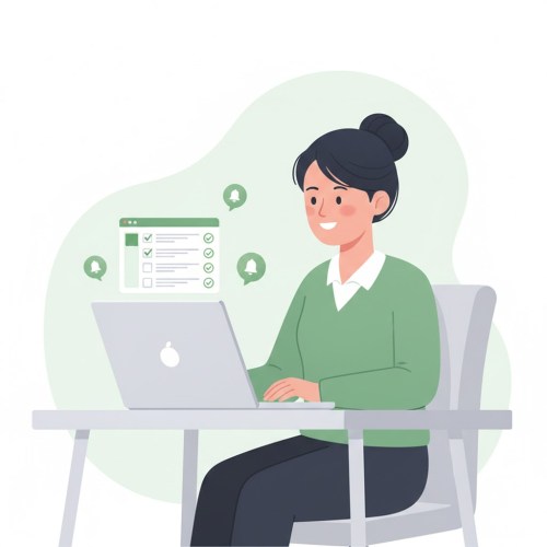 A woman sitting at a desk using a laptop, smiling while working on a task list, with notification icons in the background.