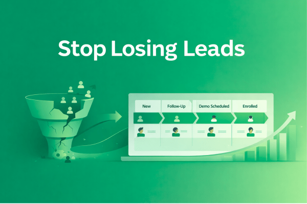 A visual representation of a cracked sales funnel with figures representing potential leads, alongside a chart displaying a workflow with stages labelled New, Follow-Up, Demo Scheduled, and Enrolled, highlighted by the phrase 'Stop Losing Leads' in lead management system
