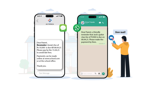 Image showing two smartphones displaying reminder messages. The left phone shows a text message reminding a parent about an upcoming fee due date, while the right phone displays a WhatsApp chat reminding about a guitar class fee. All a part of coaching management software