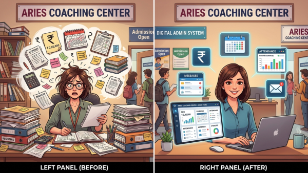 Left panel showing a stressed woman surrounded by cluttered papers and books, representing chaos in a coaching centre. Right panel depicting a relaxed woman using a coaching management software on a laptop, showcasing an organised and efficient environment.